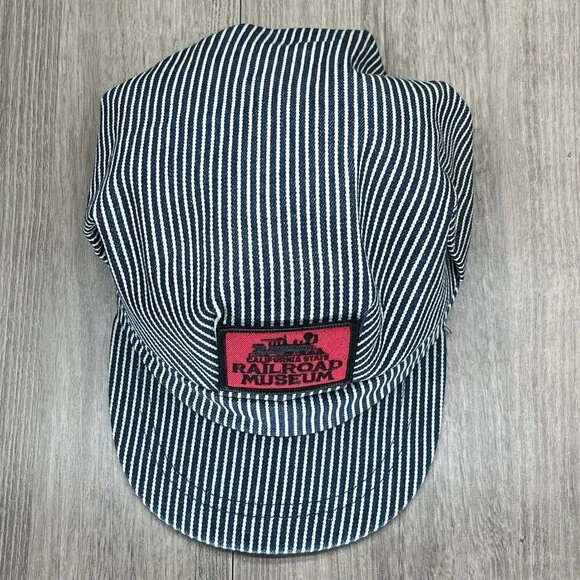 California State Railroad Museum Train Conductors Hat Adult OS USA Striped Blue - Picture 2 of 7